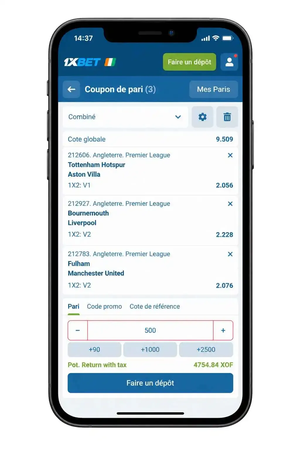 Combiné Premier League avec le code promo 1xBet