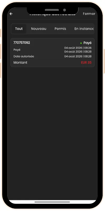 Retrait de 35 € effectué sans frais le 4 août 2026 sur l’application CircusBet