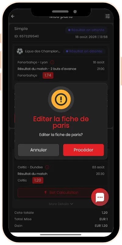 Fonctionnalité Edit Bet testée sur le match Fenerbahçe - Lyon