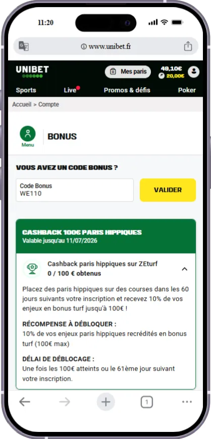 Le champ code bonus Unibet pour les utilisateurs déjà inscrits