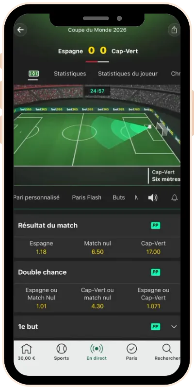 Interface de bet365 lors d’un match de foot en direct