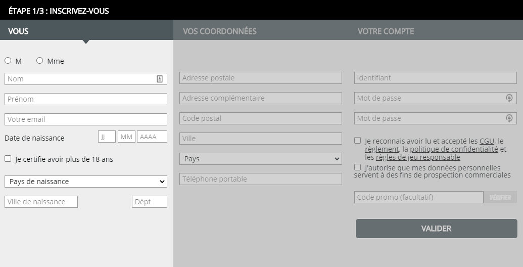 Formulaire d'incription Zebet