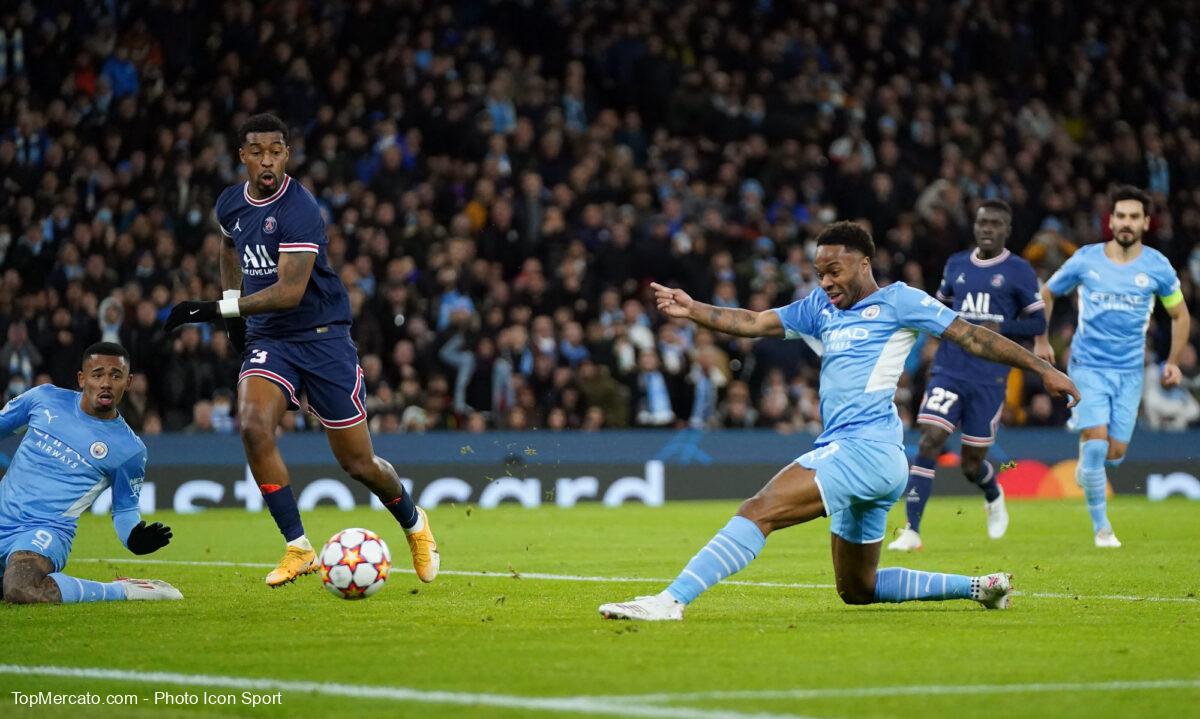Presnel Kimpembe et Raheem Sterling, match Man City Manchester City-PSG Paris Saint-Germain